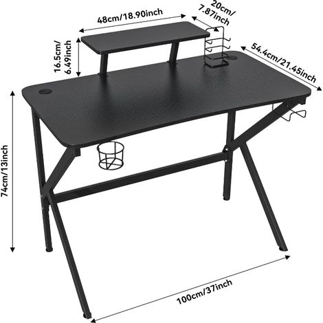 Bureau Gaming Professionnel avec Surface Carbone - 100x55x74cm Design Ergonomique Rangement Intégré (Porte-Casque, Support Console, Porte-Gobelet) pour Télétravail & Espace Jeu Compétitif (1/5)