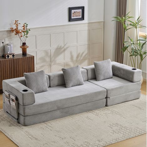 Divano letto pieghevole 277.5x92.5x60 cm, trasformabile, tasche laterali, portabicchieri, corduroy grigio chiaro (1/5)