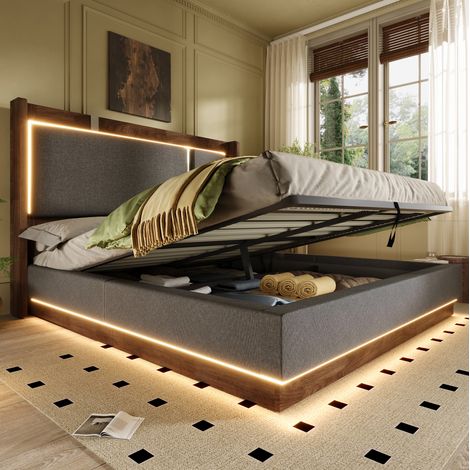 Letto contenitore per adulti 160x200 cm imbottito con illuminazione a LED, meccanismo di sollevamento idraulico, stile retrò, lino grigio e legno (1/5)