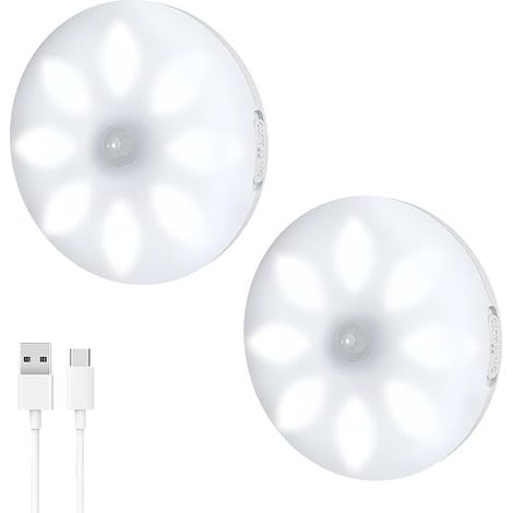 Automatic LED Night Light [Pack of 2], Motion Detector Lamp Interior, 3 Modes (On/Auto/Off), USB Rechargeable Battery, Wireless LED Light for Kitchen, Hallway, Stairs, Cupboards (1/5)