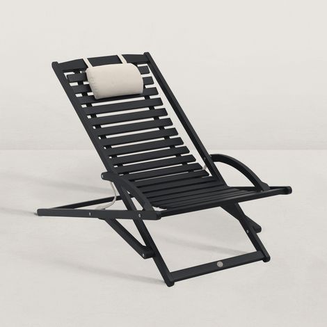 Chilienne pliante en bois d'acacia massif – Dimensions 102,5 x 69 x 77 cm – Hauteur d'assise 31 cm – Appuie-tête inclus pour confort (1/5)