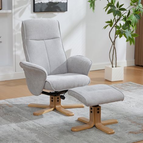 Schwenkbarer skandinavischer Relaxsessel aus grauem Cordvelours mit passender Fußauflage, massivem Holzgestell und metallischen Füßen für optimale Stabilität und Eleganz.
