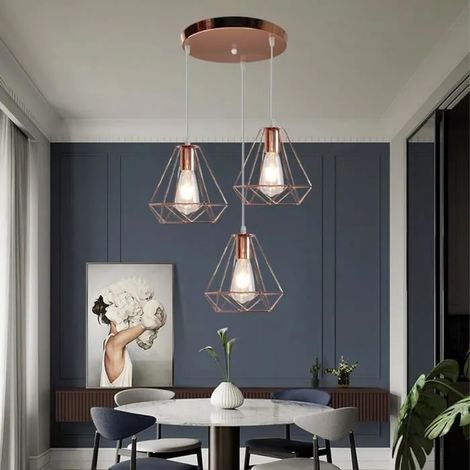 IDEUG Lustre Suspension Industrielle Cage forme Diamant en Métal Or Rose (1/4)