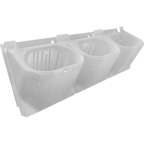 Vaso da fiori modulare in plastica da appendere al muro per esposizione.