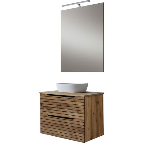 Kibath Mueble de baño con Lavabo, Espejo y Aplique LED KEN 60x45 cm acabado Desierto mate 2 cajones suspendido