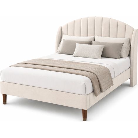 Lit capitonné 140 x 200 cm en velours beige avec sommier à lattes, tête de lit rembourrée et structure stable, idéal chambre adulte ou ado  CHICFURN (1/5)