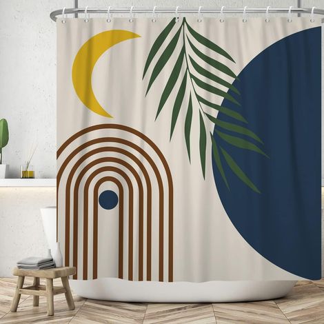 183x198cm Rideau de Douche Abstrait Arc-en-Ciel Lune Feuille de Palmier Salle de Bain Aquarelle Plante Tropicale Boho Baignoire étanche (1/5)