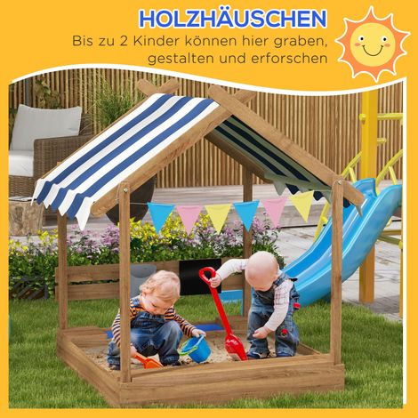 Bac à sable boîte aux lettres maisonnette avec parasol, lot de jouets inclus, bois massif autoclavé, 124x116x146 cm, coloris chêne