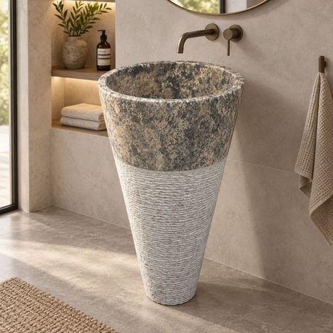 Vasque sur pied en pierre naturelle Travertin Silver layée (1/2)