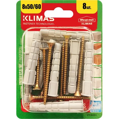 Chevilles Universelles Klimas, 6 x 80 mm, Tête Fraisée PZ2, Zinguées, Blister 8 Pièces (1/5)