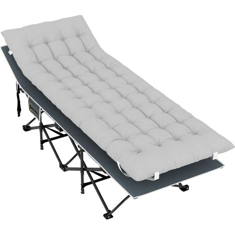 Lit de camp pliant avec matelas intégré, pochette latérale et sac de transport, gris clair, 185 x 68 x 37 cm