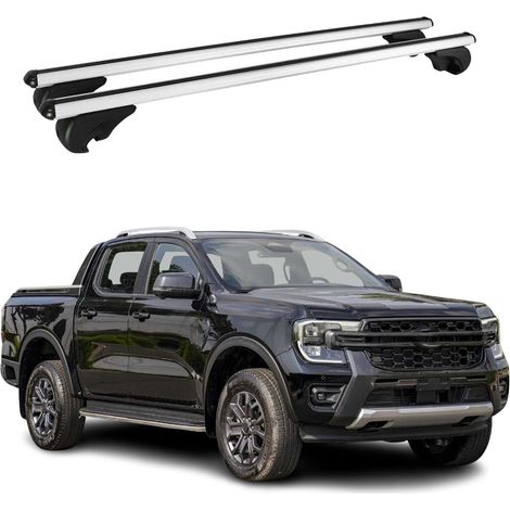 OMAC Barres de toit en aluminium pour Ford Ranger T6 2011-2022 DoubleCab – TÜV / DIN 75302:2019 – Antivol inclus – Charge max 75 kg – 2 barres Argent (1/4)