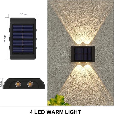(2PCS-4LED-WARM) Appliques murales solaires LED d'extérieur étanches, lampe solaire LED à éclairage vers le haut et vers le bas, compatible avec la décoration de jardin, balcon, cour et rue (1/5)