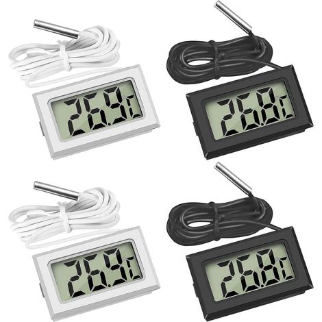 4 Pcs Mini Digital Lcd Thermomtre Temprature (2x Noir 2x Blanc) Avec Sonde De Temprature Capteur Testeur Pour Rfrigrateur Conglateurs Aquarium