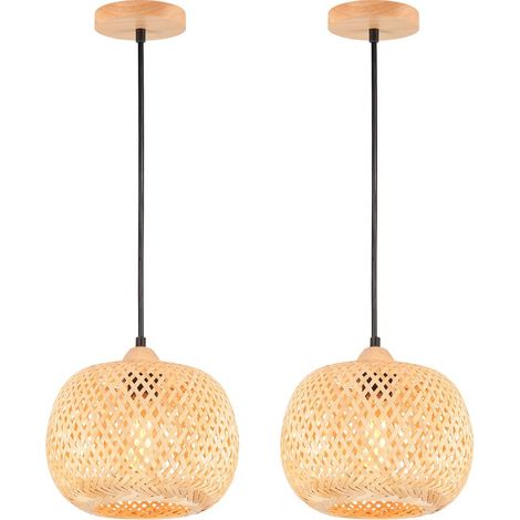 Suspension luminaire en bambou tissé 25cm – Abat-jour vintage pour restaurant, salon, cuisine – Douille E27, 220V, cordon 100cm – (1/5)