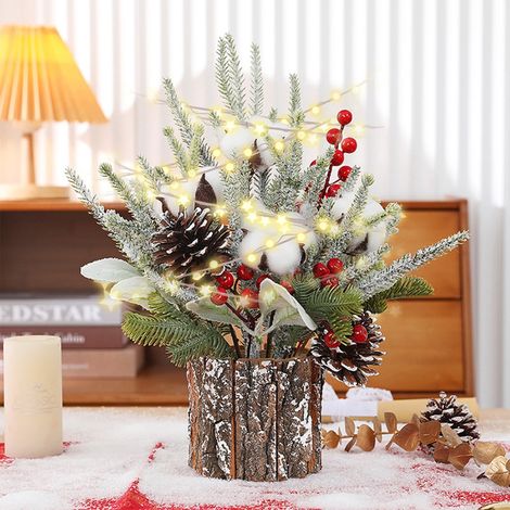 Arbre De Noël Miniature Prééclairé - Décoration Intérieure De Table Avec Lumières À Piles - Hauteur 37 Cm - Base En Écorce De Bois - 1 Pièce (1/5)