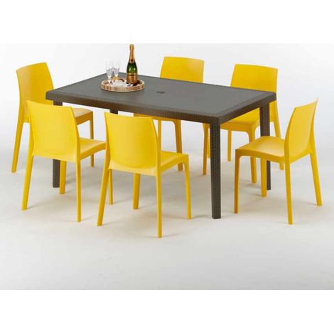 Mesa Rectangular Marrón 150x90 cm y 6 Sillas De Colores Focus