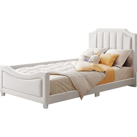 Lit enfant rembourré 90x200 cm en flanelle beige avec dossier, tête et pied arrondis, sommier à lattes 12 lames, style canapé-lit parent-enfant CHICFURN (1/5)