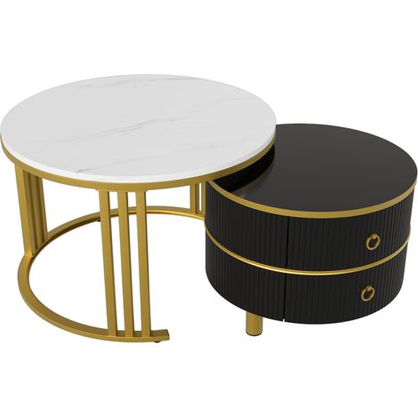 Table basse ronde 2-en-1 en MDF, table d’appoint avec plateau brillant et 1 plateau en marbre blanc, ensemble de tables basses de salon avec 2 tiroirs, 707046 + 505040 cm (1/5)