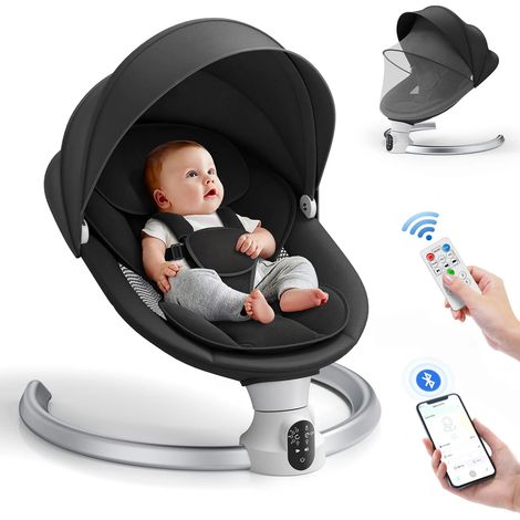Transat électrique pour bébé avec télécommande et application mobile, adapté aux enfants jusqu'à 9 kg, équipé d'un harnais de sécurité à 5 points.