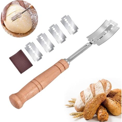 Set di coltelli per baguette/impasto, manico in legno, 5 lame e scatola portaoggetti, per la cottura al forno. (1/5)
