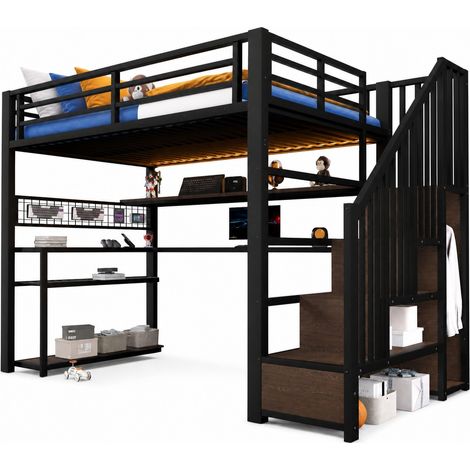 CHICFURN Lit mezzanine 90x200 avec bureau, armoire et rangements, lit surélevé métal et MDF avec LED RGB, escalier de rangement, chambre ado noir (1/5)