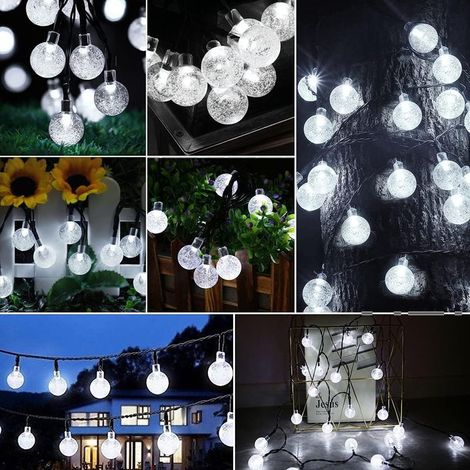 Guirlande Lumineuse Exterieure Solaire，12M 100 LED Lampe Solaire Exterieur Cristal Boules étanche 8 Modes Intérieur Lumiere pour Jardin Terrasse Arbres Mariage Fête,Blanc [Classe énergétique A+++]