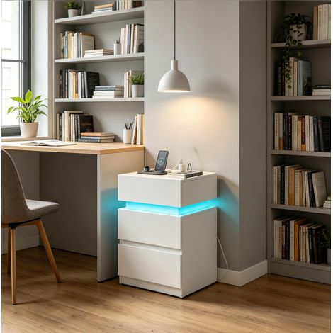 MEUBLIV Lot de 2 tables de chevet blanches 40x35x55 cm avec LED et station de charge (1/5)