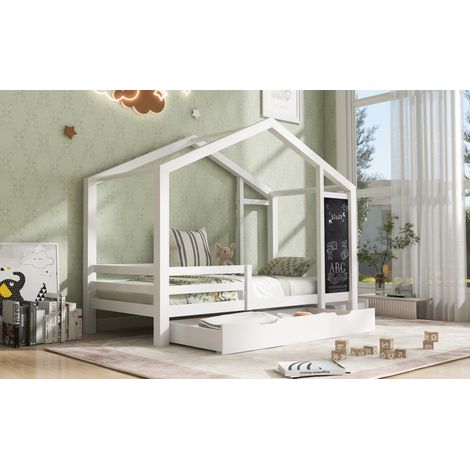 Kinderhausbett 90x200 cm aus Holz und weißem MDF mit 2 Schubladen, ohne Matratze – MEUBLIV (1/5)