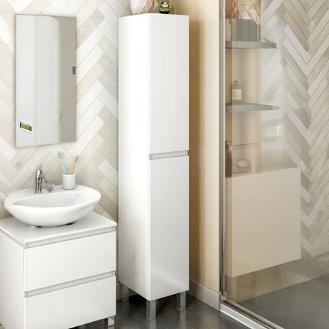 Dmora - Mobile colonna Noru, Pensile bagno o cucina, Armadio alto multifunzione, Mobiletto multiuso, 30x35 h182 cm, Bianco lucido (1/5)