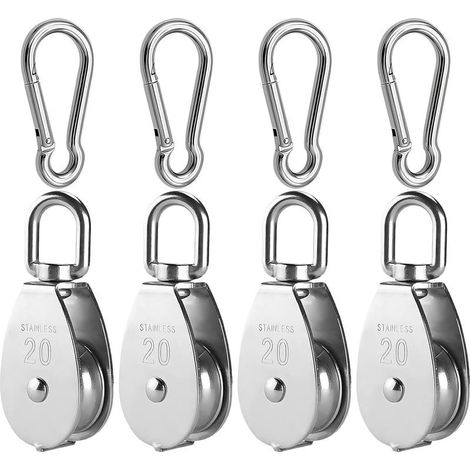 8 Pièces Kit de Poulie de Levage,4 Pièces M20 Poulie pour Cable en Acier Inoxydable avec 4 Pièces Mousqueton M5,Bloc de Poulie Pivotant à 360° Poulie à Crochet Poulie Rouleau Charge de 75kg (1/5)