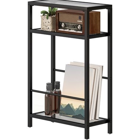 Table d'appoint à 3 étages avec plateau en verre trempé, cadre en acier noir, 40x18x62 cm pour salon et chambre (1/5)