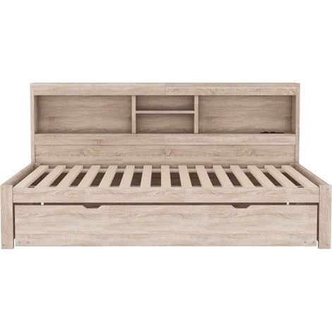 Letto-banquette 90 x 200 cm con LED, letto estraibile, vano laterale, presa USB, naturale (1/5)