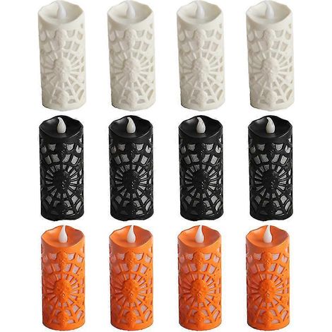 Lot de 12/4 lampes bougies décoratives LED en forme de crâne et toile d'araignée, lumières colorées, décoration de fête d'horreur. 12 pièces blanc-noir-orange. (1/5)