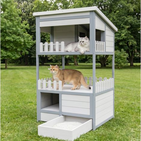 Casa per gatti da esterno in legno massello e sisal grigia, 2 livelli per riposo, gioco e graffiatura, 68 x 64 x 124 cm (1/5)