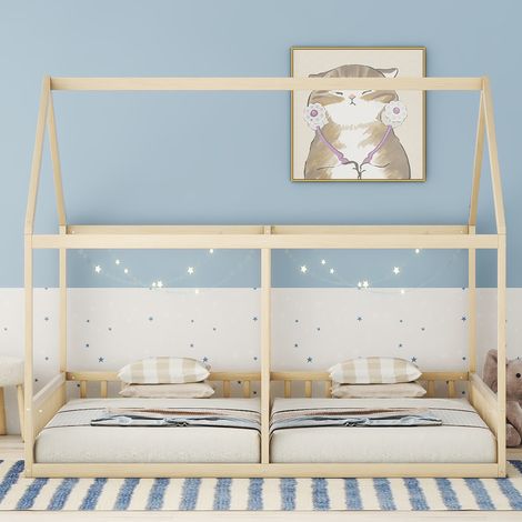 Cama infantil casita 2 en 1 90x200 cm natural, de pino y MDF, con barandillas de seguridad (1/5)