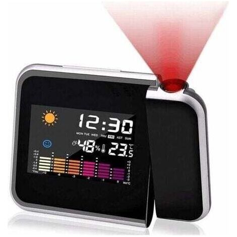 Réveil à projection, calendrier à écran couleur, station météo personnelle pour chambre à coucher, projecteur à intensité variable, double alarme, affichage LCD, date, heure, température, humidité.,TR