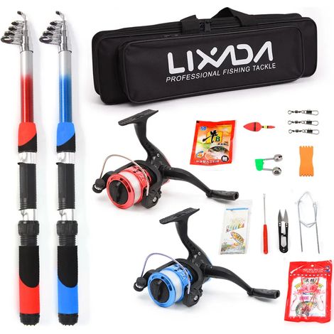 Kit complet de pêche : 2 cannes télescopiques 2,1 m, 2 moulinets spinning, leurres, hameçons, accessoires pour hameçons et sac de rangement inclus (1/5)