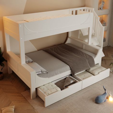 Lit superposé enfant 90140x200cm avec armoire et tiroirs, design traîneau élégant, bois blanc, sans matelas (1/5)