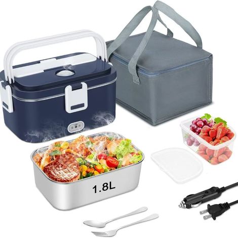 Gamelle Chauffante Electrique 1.8L, Lunch Box Chauffante 100W Chauffage Rapide, 12V/24V & 220V/240V, Boîte Repas Isotherme avec Sac et Accessoires, Facile à Nettoyer pour Maison, Bureau et Voiture