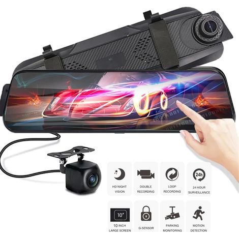 Caméra de tableau de bord à écran tactile complet 2K + 1080P de 10 pouces dans la voiture, rétroviseurs avant et arrière à double objectif avec fonction WiFi, caméra de tableau de bord, rétroviseur (1/5)