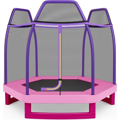 COSTWAY Cama Elástica 223 cm para Niños con Red de Seguridad y Almohadilla de Muelle, Trampolín para Interior y Exterior con Estructura en Acero Galvanizado, Carga Máxima 45 kg Rosa y morado