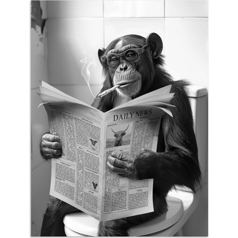 AFFICHE Singe - WC - Journal - Noir et blanc - Humour Décoration Murale 60x80 cm (1/4)