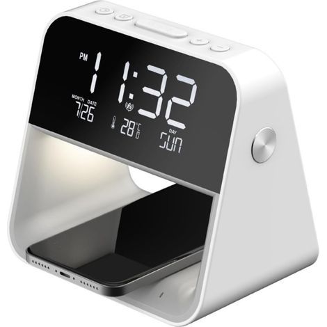 Nachttischlampe mit kabellosem Ladegerät und Wecker, digitaler Wecker, Nachtlicht fürs Schlafzimmer, dimmbarer Wecker, intelligentes kabelloses Ladegerät, weiß (dreieckig) (1/5)