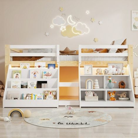 Lit mi-hauteur 90x200 cm avec Rangement et LED - Bois de Pin Massif, Échelle et Barrière - Blanc et Naturel - Sans Matelas (1/5)