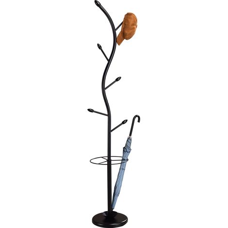 Idimex – Portemanteau moderne en métal noir – 6 crochets à hauteurs variées – Porte-parapluie intégré – Diamètre socle 30 cm – Dimensions 185 x 30 x 30 cm
