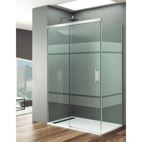 BASIC corner shower enclosure with sliding door, fixed front panel and fixed side panel, 100x70 cm, Frost screen-printed glass, chrome profiles (1/5)