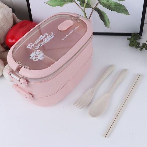 Rosa Bento-Lunchbox mit 2 Fächern und Besteck – mikrowellen- und spülmaschinengeeignet – ideal für Kinder, Erwachsene, Arbeit und Schule (1/4)