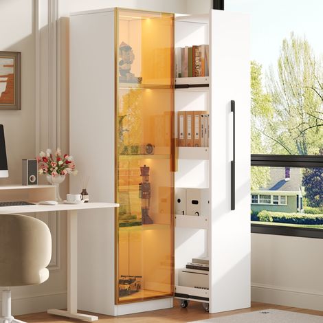 Vitrine de Salon avec LED Intégrée Vaisselier 70x40x160 cm Bibliothèque Argentier avec Rangement Coulissant Latéral et Porte en Verre Ambré (1/5)