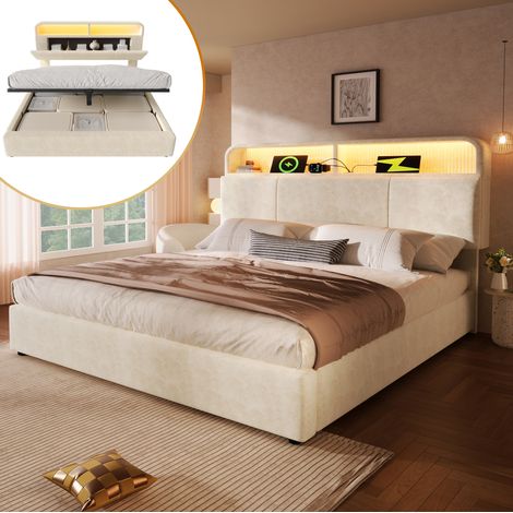 Cama tapizada doble 140x200 cm, cabecero regulable con almacenaje, con LED y estación de carga, terciopelo beige (1/5)